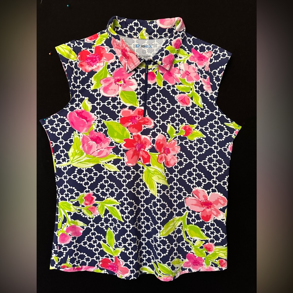 IBKUL, Large, Navy Blue, Pink Flowers, Green Leaves, Sleeveless, Golf Shirt